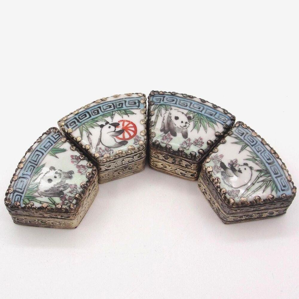 Vintage Panda Bear Porcelain Metal Pill Box Trinket Set 4 Silver Tone Repousse